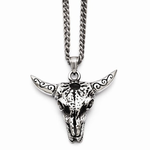 Stainless Steel Polished and Antiqued Animal Skull Necklace