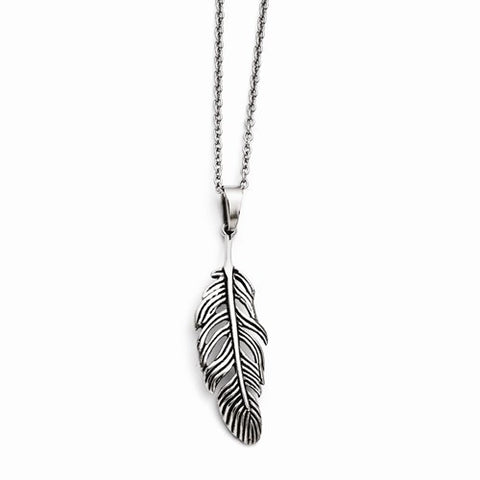 Stainless Steel Antiqued Feather Necklace