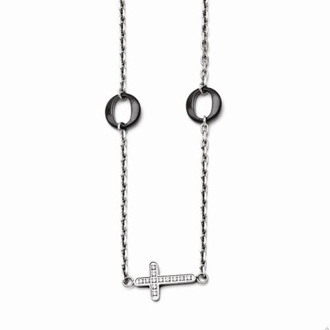 Stainless Steel and Ceramic Polished Sideways Cross CZ Necklace