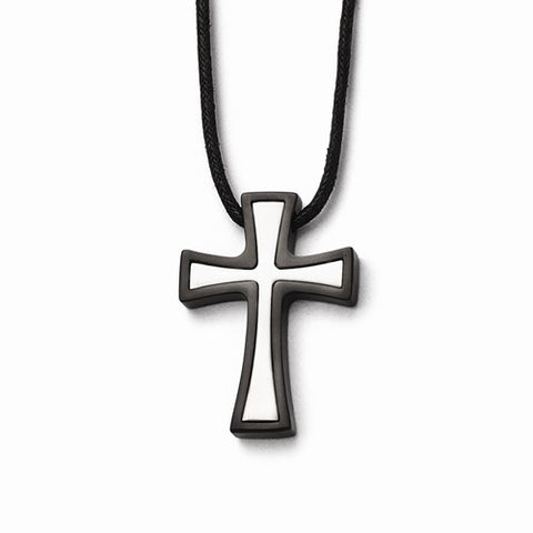 Stainless Steel Polished and Brushed Black Ip-Plated Cross Necklace