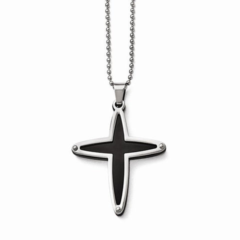 Stainless Steel Polished and Black Ip-Plated Cross Necklace