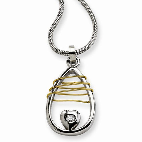 Stainless Steel & Gold Ip-Plated CZ Heart Oval Pendant On Necklace