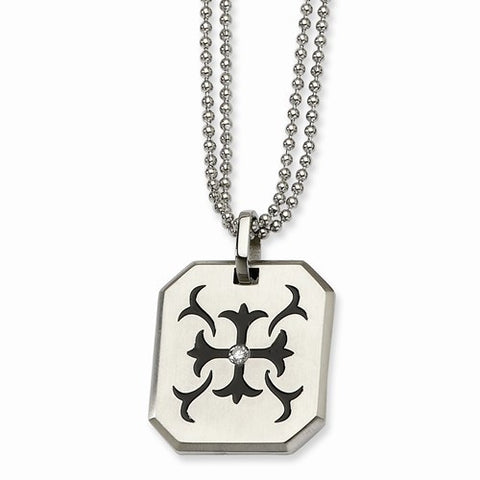 Stainless Steel Scroll Black Enamel & CZ Double Necklace