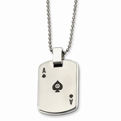 Stainless Steel Black Enamel Ace Of Spades CZ Necklace