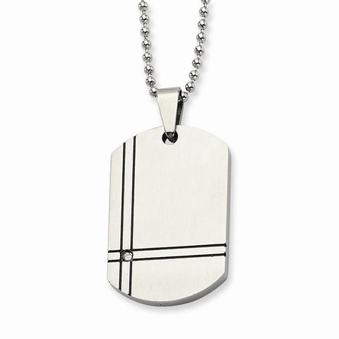 Stainless Steel Black Enamel and CZ Dog Tag Necklace