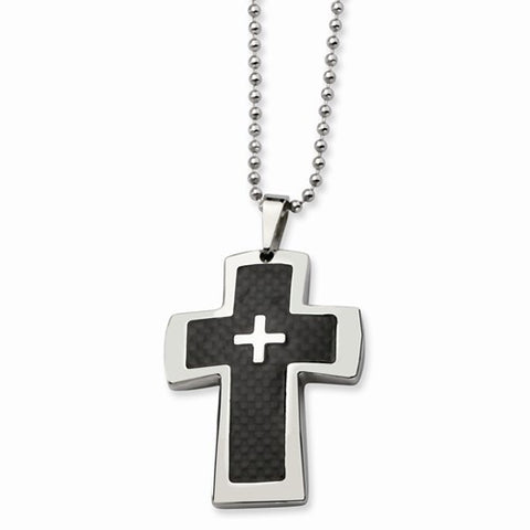 Stainless Steel Polished & Carbon Fiber Cross Necklace