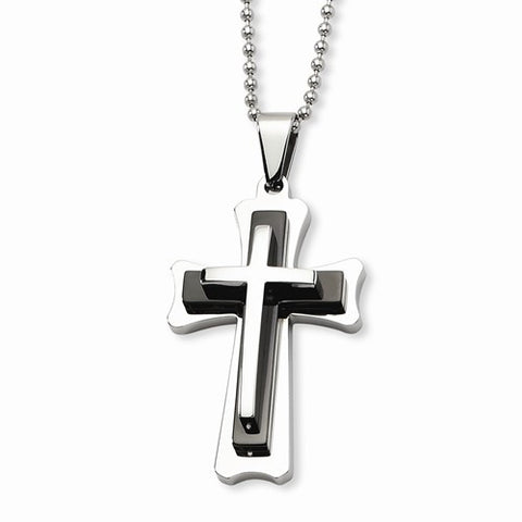 Stainless Steel Black Acrylic & Polished Cross Necklace