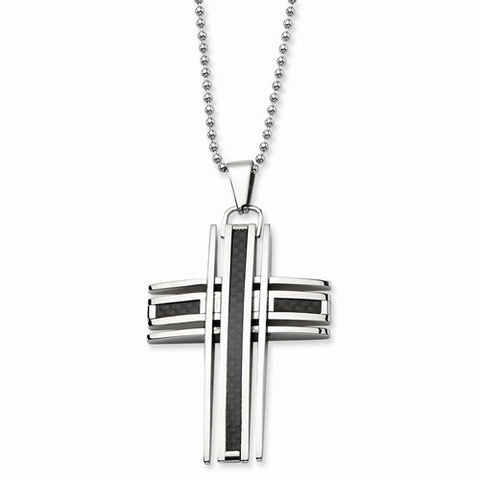 Stainless Steel Polished & Carbon Fiber Cross Necklace