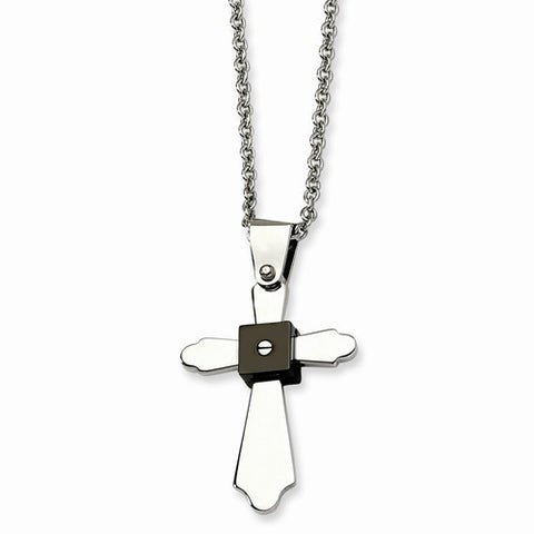 Stainless Steel Polished & Black Ip-Plated Cross Necklace