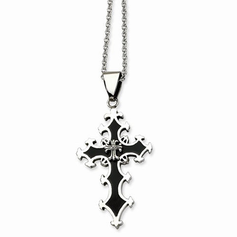 Stainless Steel Black Rubber Cross Pendant On Necklace