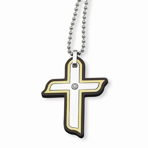 Stainless Steel Black & Yellow Ip-Plated CZ Cross Necklace
