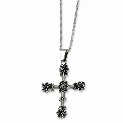 Stainless Steel Antiqued Cross Pendant On Necklace