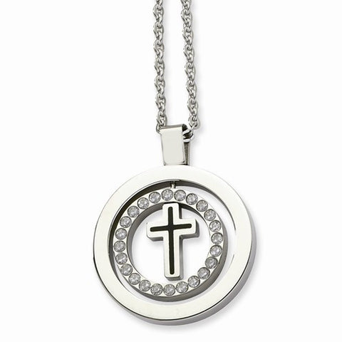 Stainless Steel Black Rubber Cross & CZs Pendant On Necklace