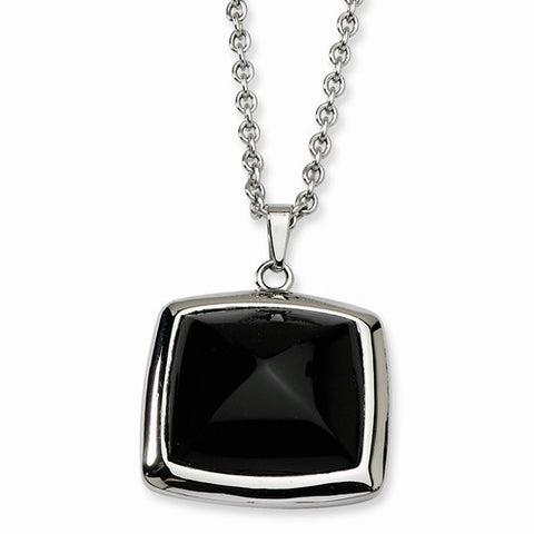 Stainless Steel Black Glass Square Pendant On Necklace
