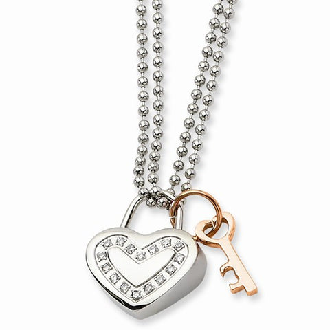 Stainless Steel Heart CZs & Pink Ip-Plated Key Necklace