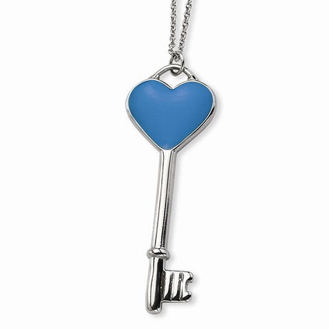 Stainless Steel Blue Enamel Heart Key Pendant On Necklace