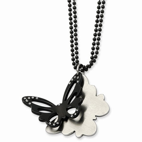 Stainless Steel Black Ip-Plated Butterfly CZs Necklace