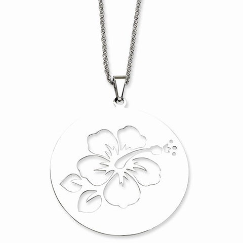 Stainless Steel Polished Hibiscus Cutout Pendant On Necklace