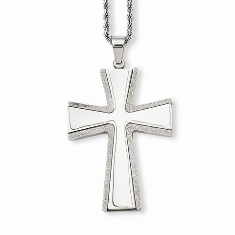 Stainless Steel Laser Cut & Brushed Cross Pendant On Necklace