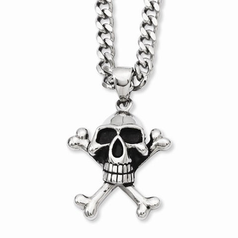 Stainless Steel Antiqued Skull & Crossbones Pendant On Necklace