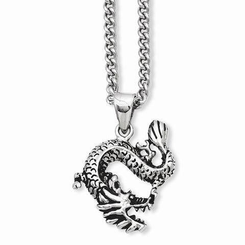 Stainless Steel Antiqued Dragon Pendant On Necklace