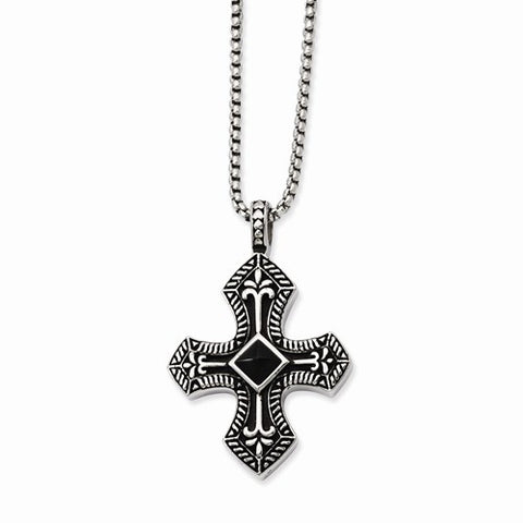 Stainless Steel Black Agate & Antiqued Cross Pendant On Necklace