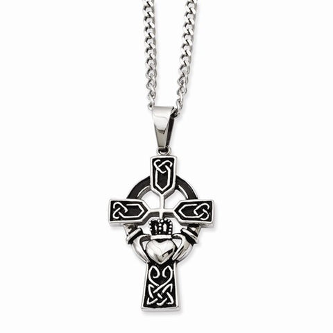 Stainless Steel Antiqued Claddagh Pendant On Necklace