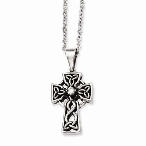 Stainless Steel Antiqued & CZ Cross Pendant On Necklace