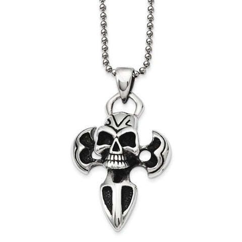 Stainless Steel Antiqued Dagger Skull Pendant On Necklace