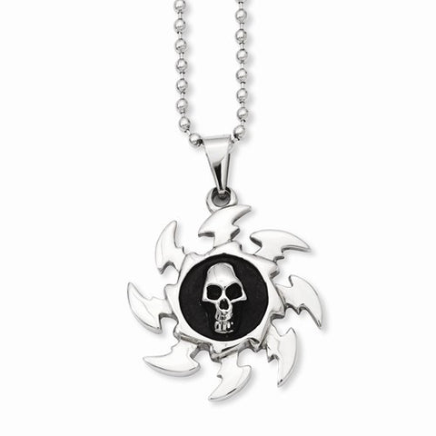 Stainless Steel Antiqued Saw Blade Skull Pendant On Necklace