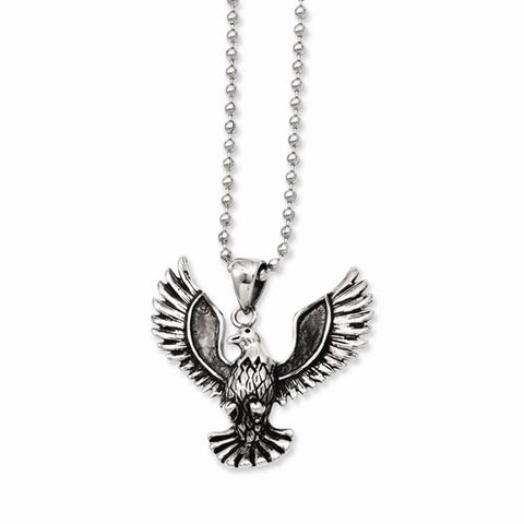Stainless Steel Antiqued Screaming Eagle Pendant On Necklace