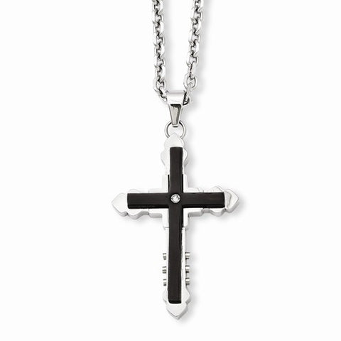 Stainless Steel Ip Black-Plated & CZ Cross Pendant On Necklace
