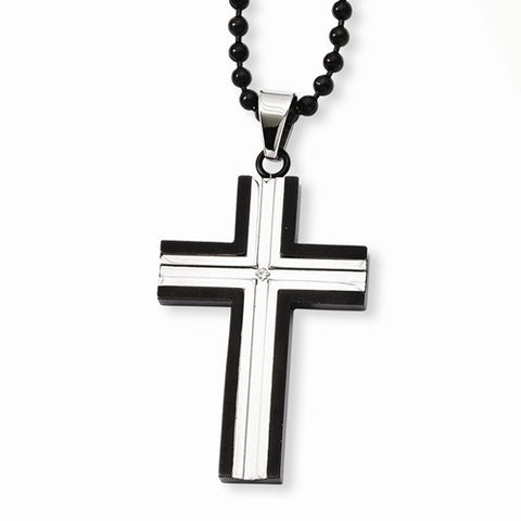 Stainless Steel Ip Black-Plated CZ Cross Pendant On Necklace