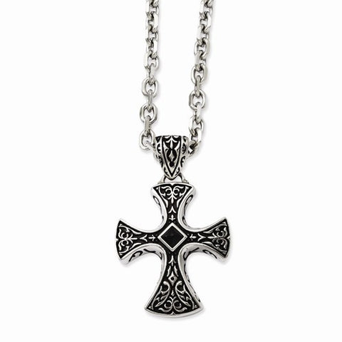 Stainless Steel Black Agate & Antiqued Cross Pendant On Necklace