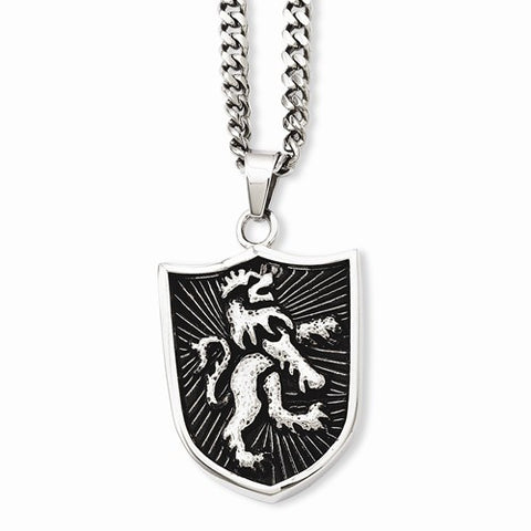 Stainless Steel Antiqued Coat Of Arms Shield Pendant On Necklace