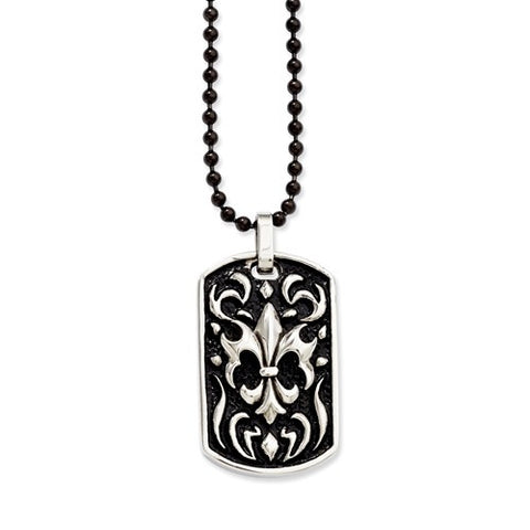 Stainless Steel Antiqued Fleur De Lis Dog Tag Necklace