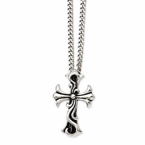Stainless Steel Antiqued Fancy Scroll Cross Pendant On Necklace