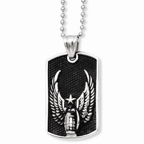 Stainless Steel Antiqued Wings Dog Tag Pendant On Necklace