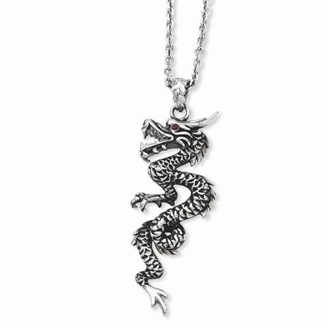 Stainless Steel Antiqued Dragon Red CZ Eye Necklace