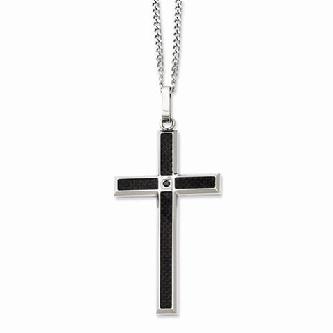 Stainless Steel Black Carbon Fiber & Black Diamond Cross Necklace