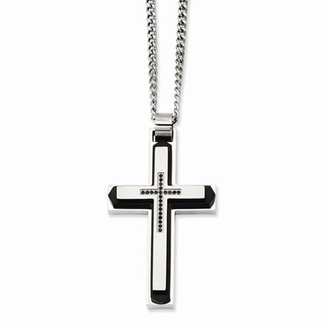 Stainless Steel Black-Plated & Black Diamonds Cross Necklace