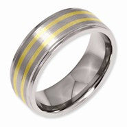 Titanium & 14k Yellow Gold Gold Inlay 8mm Satin and Polished Wedding Band