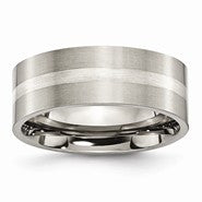 Titanium with Sterling Silver Inlay Flat 8mm Brushed Wedding Band