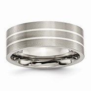 Titanium with Sterling Silver Inlay Flat 8mm Brushed Wedding Band