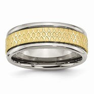 Titanium 8mm Yellow IP-plated Ridged Edge Fancy Brushed Wedding Band