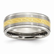 Titanium 8mm Yellow IP-plated Polished & Satin Ridged Edge Wedding Band