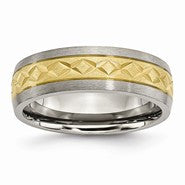 Titanium 7mm Yellow IP-plated X Design Grooved Satin Wedding Band
