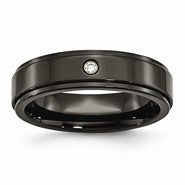 Black Titanium w/Diamond 6mm Ridged Edge Polished Wedding Band