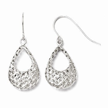 10K White Gold Textured Shepherd Hook Dangle Earrings