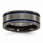 Black Titanium with Blue Anodized Grooves 8mm Polished Wedding Band